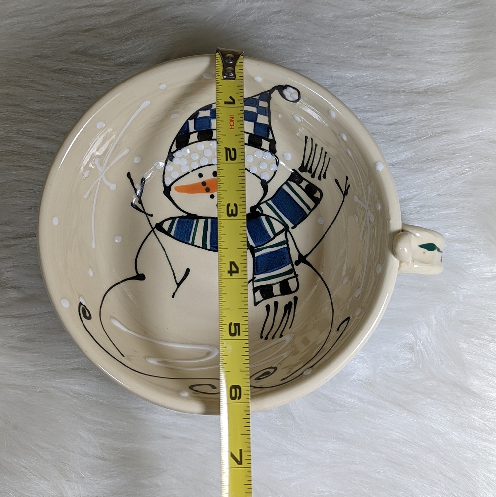 Vintage Studio Art Pottery Soup Bowl Christmas Snowman Hand Painted Signed Dated - Picture 2 of 6